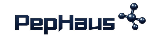 Logo of PepHaus with molecular structure icon on a white background